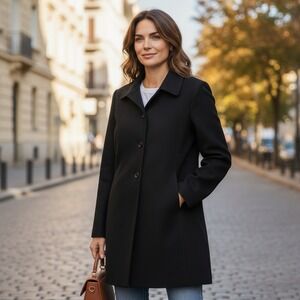 Anne Klein Black Button Front Long Coat Women's Size 8 Classic Lined Career